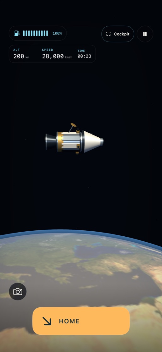 A spacecraft flying above Earth's curved horizon in StageSep's exterior view.